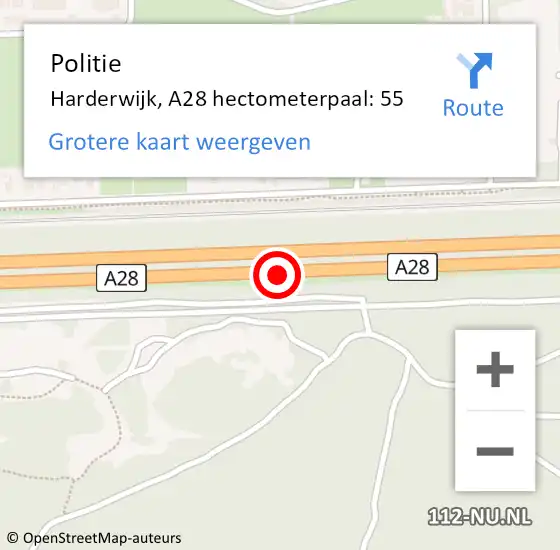 Locatie op kaart van de 112 melding: Politie Harderwijk, A28 hectometerpaal: 55 op 15 oktober 2024 23:41