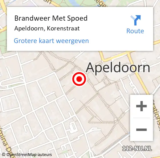 Locatie op kaart van de 112 melding: Brandweer Met Spoed Naar Apeldoorn, Korenstraat op 16 oktober 2024 00:44