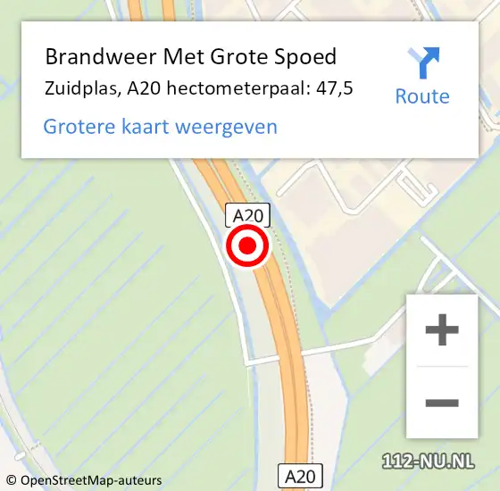 Locatie op kaart van de 112 melding: Brandweer Met Grote Spoed Naar Zuidplas, A20 hectometerpaal: 47,5 op 16 oktober 2024 01:52