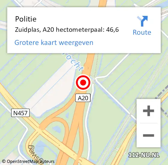 Locatie op kaart van de 112 melding: Politie Zuidplas, A20 hectometerpaal: 46,6 op 16 oktober 2024 02:10