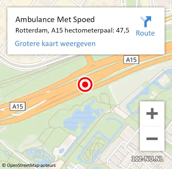 Locatie op kaart van de 112 melding: Ambulance Met Spoed Naar Rotterdam, A15 hectometerpaal: 47,5 op 16 oktober 2024 05:23