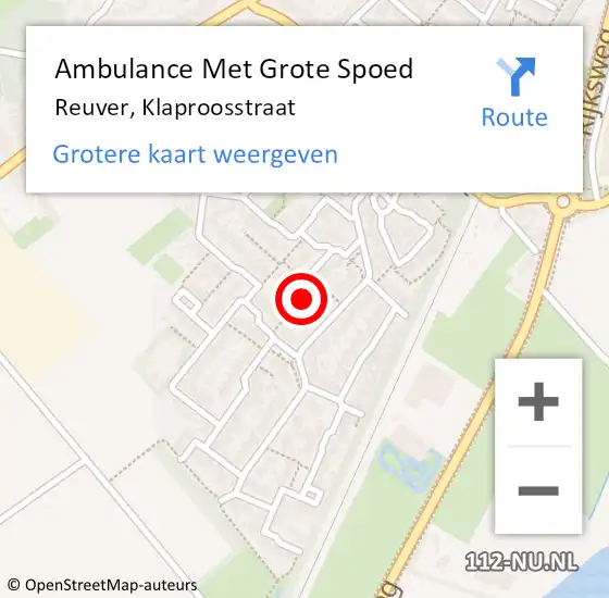 Locatie op kaart van de 112 melding: Ambulance Met Grote Spoed Naar Reuver, Klaproosstraat op 16 oktober 2024 06:22