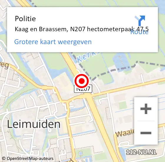 Locatie op kaart van de 112 melding: Politie Kaag en Braassem, N207 hectometerpaal: 47,5 op 16 oktober 2024 07:25