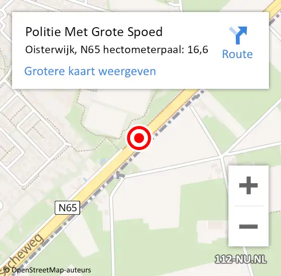 Locatie op kaart van de 112 melding: Politie Met Grote Spoed Naar Oisterwijk, N65 hectometerpaal: 16,6 op 16 oktober 2024 07:33