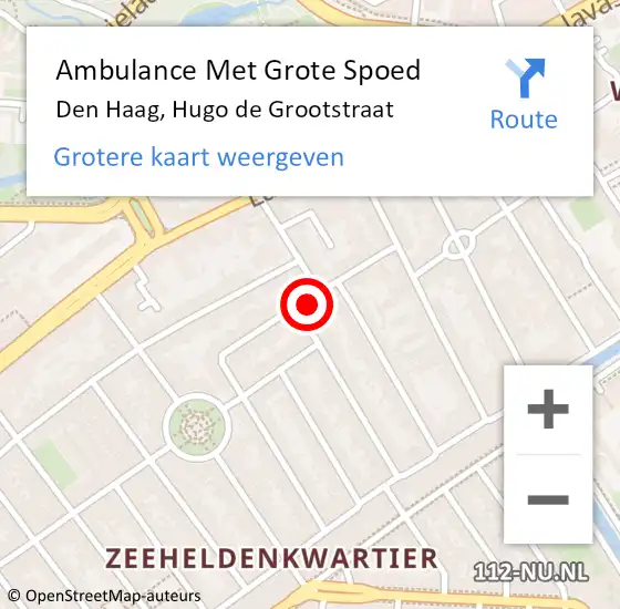 Locatie op kaart van de 112 melding: Ambulance Met Grote Spoed Naar Den Haag, Hugo de Grootstraat op 16 oktober 2024 07:36