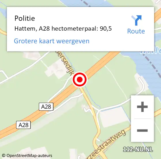 Locatie op kaart van de 112 melding: Politie Hattem, A28 hectometerpaal: 90,5 op 16 oktober 2024 07:48