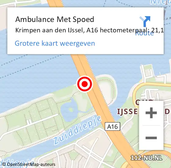 Locatie op kaart van de 112 melding: Ambulance Met Spoed Naar Krimpen aan den IJssel, A16 hectometerpaal: 21,1 op 16 oktober 2024 07:49