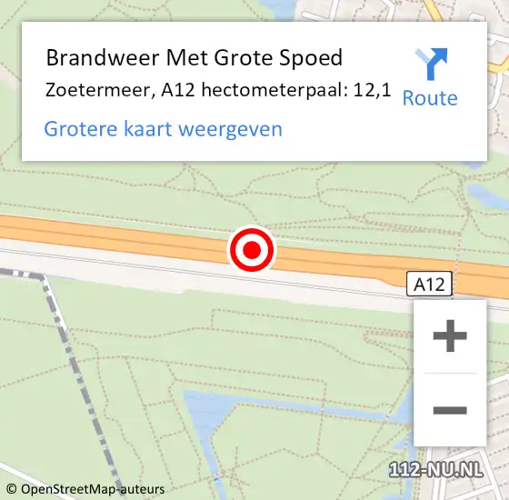 Locatie op kaart van de 112 melding: Brandweer Met Grote Spoed Naar Zoetermeer, A12 hectometerpaal: 12,1 op 16 oktober 2024 07:57