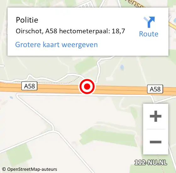 Locatie op kaart van de 112 melding: Politie Oirschot, A58 hectometerpaal: 18,7 op 16 oktober 2024 08:00