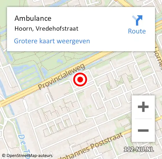 Locatie op kaart van de 112 melding: Ambulance Hoorn, Vredehofstraat op 16 oktober 2024 08:22