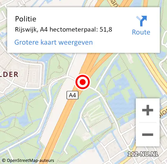 Locatie op kaart van de 112 melding: Politie Rijswijk, A4 hectometerpaal: 51,8 op 16 oktober 2024 09:01