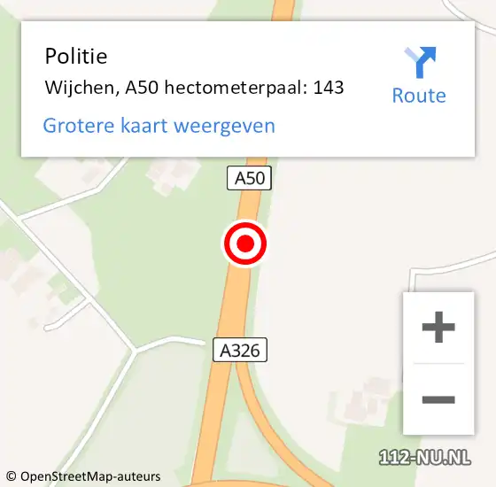 Locatie op kaart van de 112 melding: Politie Wijchen, A50 hectometerpaal: 143 op 16 oktober 2024 09:22