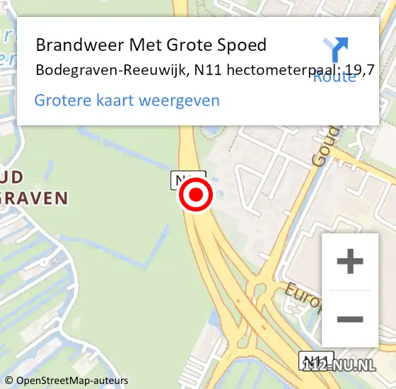 Locatie op kaart van de 112 melding: Brandweer Met Grote Spoed Naar Bodegraven-Reeuwijk, N11 hectometerpaal: 19,7 op 16 oktober 2024 09:42