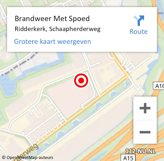 Locatie op kaart van de 112 melding: Brandweer Met Spoed Naar Ridderkerk, Schaapherderweg op 16 oktober 2024 10:05