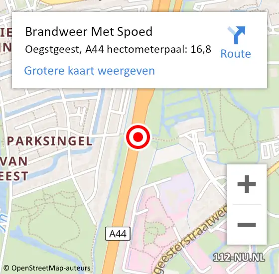 Locatie op kaart van de 112 melding: Brandweer Met Spoed Naar Oegstgeest, A44 hectometerpaal: 16,8 op 16 oktober 2024 10:10