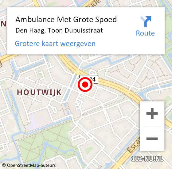 Locatie op kaart van de 112 melding: Ambulance Met Grote Spoed Naar Den Haag, Toon Dupuisstraat op 16 oktober 2024 10:34