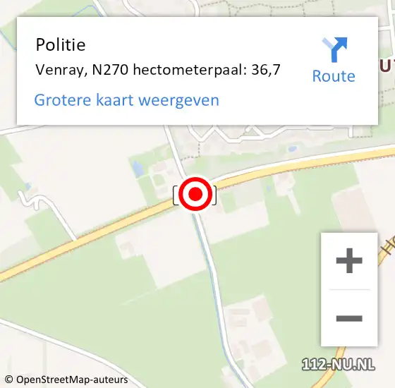 Locatie op kaart van de 112 melding: Politie Venray, N270 hectometerpaal: 36,7 op 16 oktober 2024 12:04