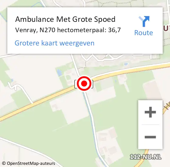 Locatie op kaart van de 112 melding: Ambulance Met Grote Spoed Naar Venray, N270 hectometerpaal: 36,7 op 16 oktober 2024 12:11