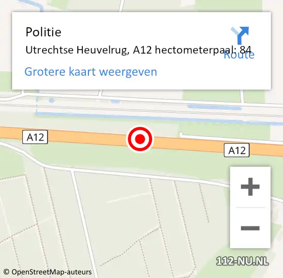 Locatie op kaart van de 112 melding: Politie Utrechtse Heuvelrug, A12 hectometerpaal: 84 op 16 oktober 2024 12:30