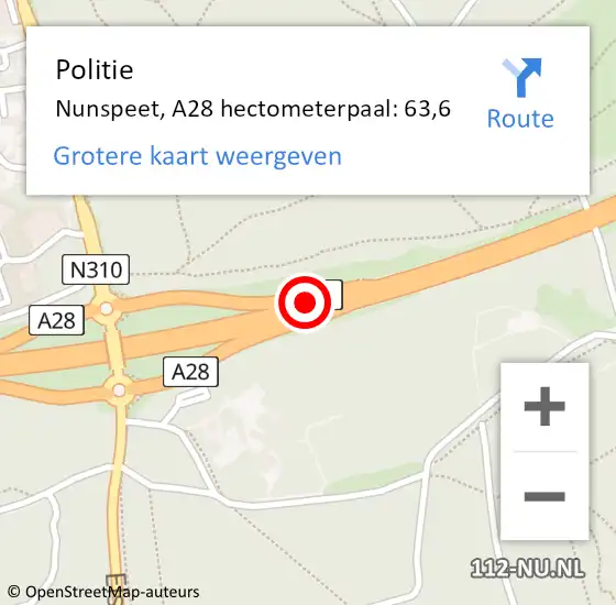 Locatie op kaart van de 112 melding: Politie Nunspeet, A28 hectometerpaal: 63,6 op 16 oktober 2024 12:39