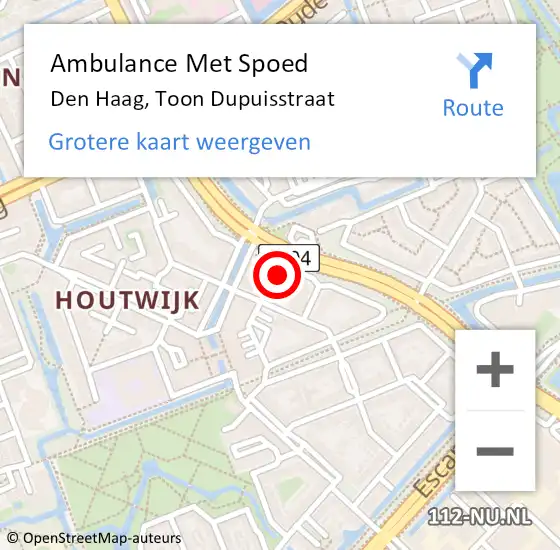 Locatie op kaart van de 112 melding: Ambulance Met Spoed Naar Den Haag, Toon Dupuisstraat op 16 oktober 2024 13:01