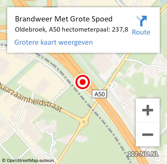 Locatie op kaart van de 112 melding: Brandweer Met Grote Spoed Naar Oldebroek, A50 hectometerpaal: 237,8 op 16 oktober 2024 13:05