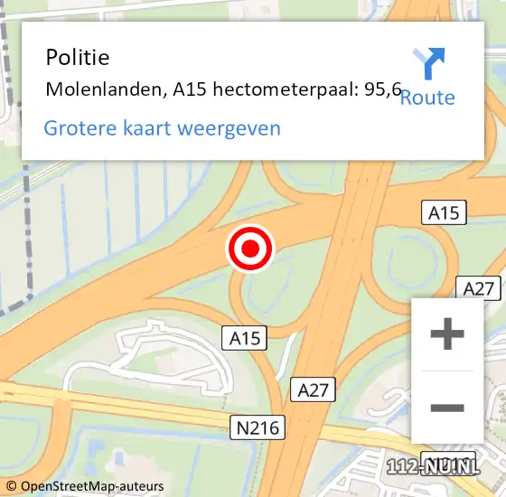 Locatie op kaart van de 112 melding: Politie Molenlanden, A15 hectometerpaal: 95,6 op 16 oktober 2024 14:06