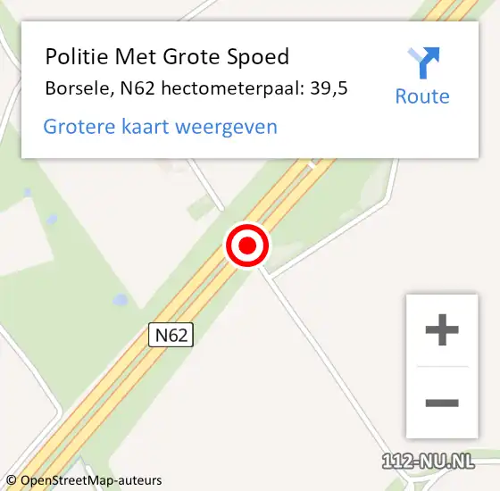 Locatie op kaart van de 112 melding: Politie Met Grote Spoed Naar Borsele, N62 hectometerpaal: 39,5 op 16 oktober 2024 14:11