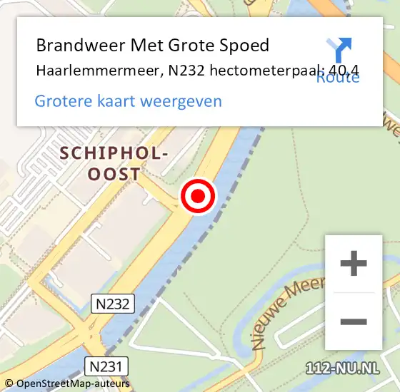 Locatie op kaart van de 112 melding: Brandweer Met Grote Spoed Naar Haarlemmermeer, N232 hectometerpaal: 40,4 op 16 oktober 2024 14:23