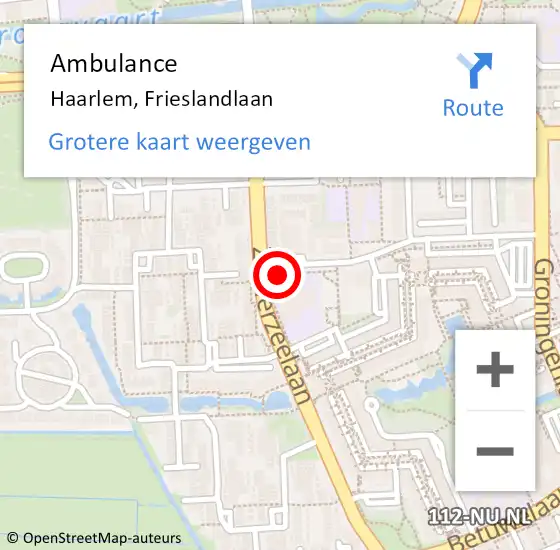 Locatie op kaart van de 112 melding: Ambulance Haarlem, Frieslandlaan op 16 oktober 2024 14:51