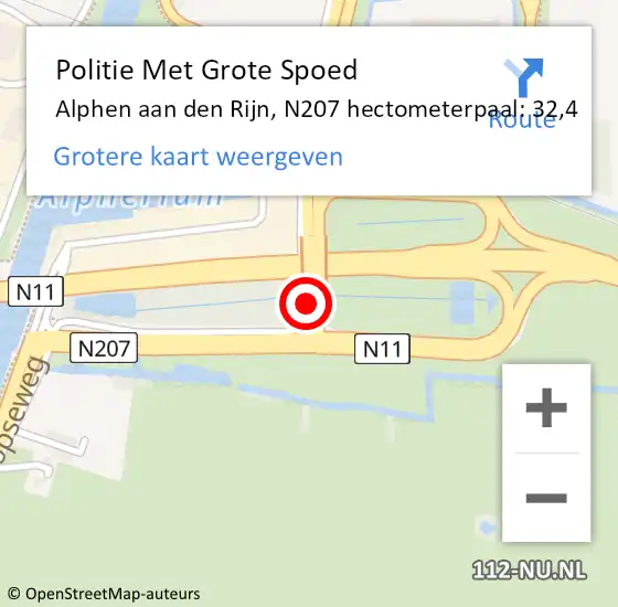 Locatie op kaart van de 112 melding: Politie Met Grote Spoed Naar Alphen aan den Rijn, N207 hectometerpaal: 32,4 op 16 oktober 2024 15:10