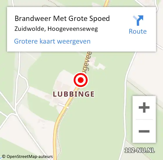 Locatie op kaart van de 112 melding: Brandweer Met Grote Spoed Naar Zuidwolde, Hoogeveenseweg op 16 oktober 2024 15:19