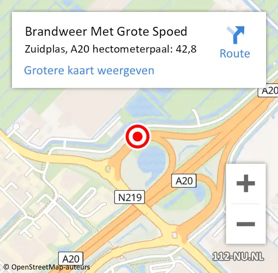 Locatie op kaart van de 112 melding: Brandweer Met Grote Spoed Naar Zuidplas, A20 hectometerpaal: 42,8 op 16 oktober 2024 15:24