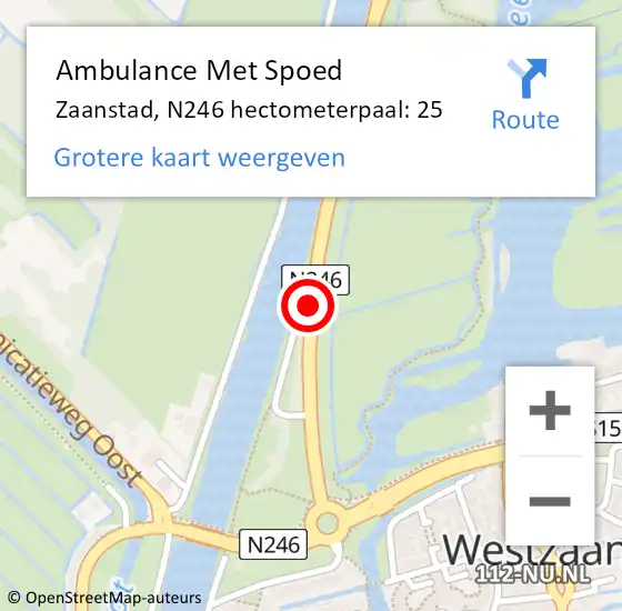 Locatie op kaart van de 112 melding: Ambulance Met Spoed Naar Zaanstad, N246 hectometerpaal: 25 op 16 oktober 2024 15:37