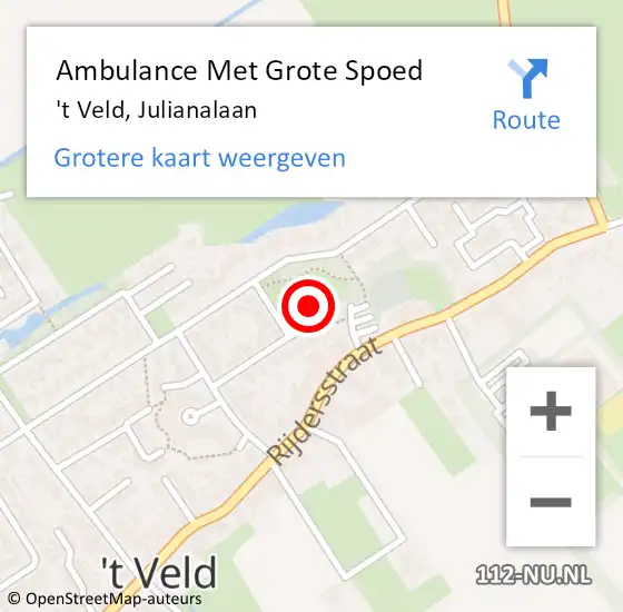 Locatie op kaart van de 112 melding: Ambulance Met Grote Spoed Naar 't Veld, Julianalaan op 16 oktober 2024 15:39