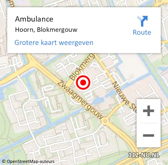 Locatie op kaart van de 112 melding: Ambulance Hoorn, Blokmergouw op 16 oktober 2024 15:56