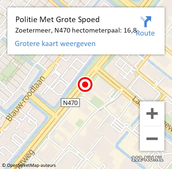 Locatie op kaart van de 112 melding: Politie Met Grote Spoed Naar Zoetermeer, N470 hectometerpaal: 16,8 op 16 oktober 2024 16:51