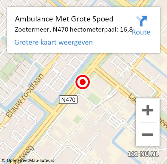 Locatie op kaart van de 112 melding: Ambulance Met Grote Spoed Naar Zoetermeer, N470 hectometerpaal: 16,8 op 16 oktober 2024 16:52