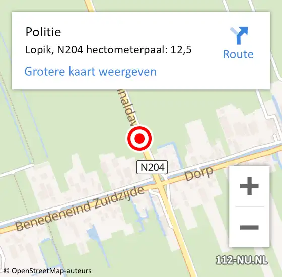 Locatie op kaart van de 112 melding: Politie Lopik, N204 hectometerpaal: 12,5 op 16 oktober 2024 17:13