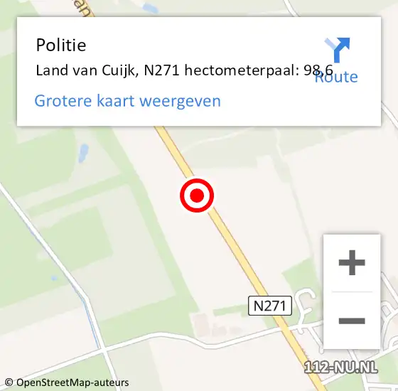 Locatie op kaart van de 112 melding: Politie Land van Cuijk, N271 hectometerpaal: 98,6 op 16 oktober 2024 17:29