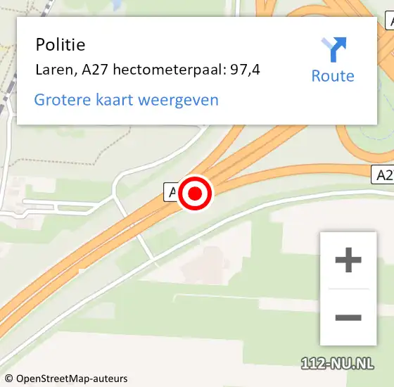 Locatie op kaart van de 112 melding: Politie Laren, A27 hectometerpaal: 97,4 op 16 oktober 2024 17:31