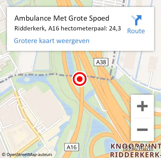 Locatie op kaart van de 112 melding: Ambulance Met Grote Spoed Naar Ridderkerk, A16 hectometerpaal: 24,3 op 16 oktober 2024 18:35