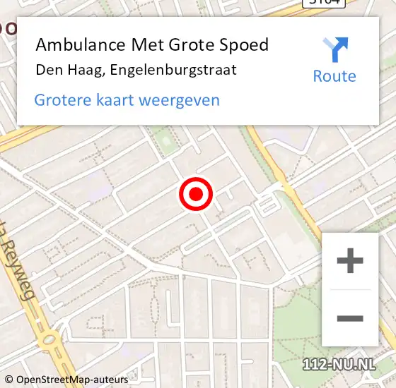 Locatie op kaart van de 112 melding: Ambulance Met Grote Spoed Naar Den Haag, Engelenburgstraat op 16 oktober 2024 18:51