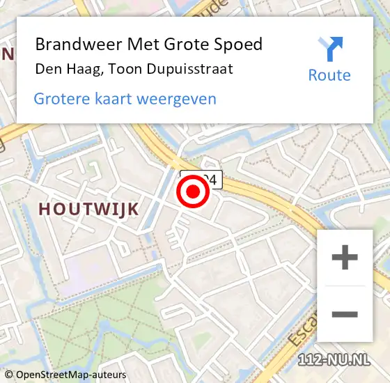 Locatie op kaart van de 112 melding: Brandweer Met Grote Spoed Naar Den Haag, Toon Dupuisstraat op 16 oktober 2024 19:19