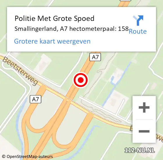 Locatie op kaart van de 112 melding: Politie Met Grote Spoed Naar Smallingerland, A7 hectometerpaal: 158 op 16 oktober 2024 21:10