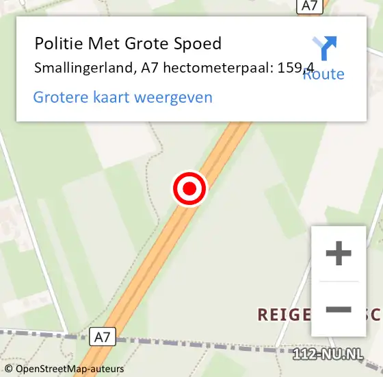 Locatie op kaart van de 112 melding: Politie Met Grote Spoed Naar Smallingerland, A7 hectometerpaal: 159,4 op 16 oktober 2024 21:11