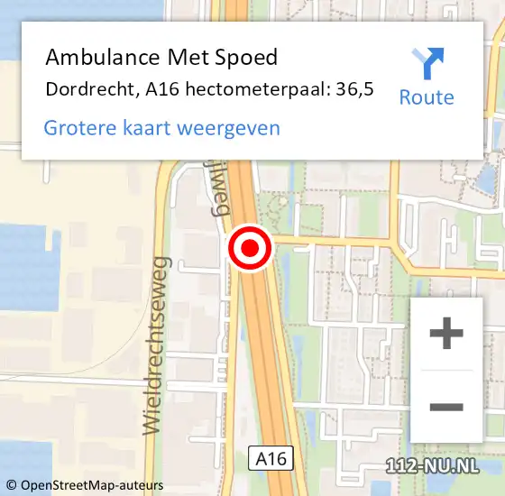 Locatie op kaart van de 112 melding: Ambulance Met Spoed Naar Dordrecht, A16 hectometerpaal: 36,5 op 16 oktober 2024 21:52