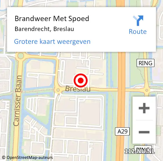 Locatie op kaart van de 112 melding: Brandweer Met Spoed Naar Barendrecht, Breslau op 16 oktober 2024 22:40