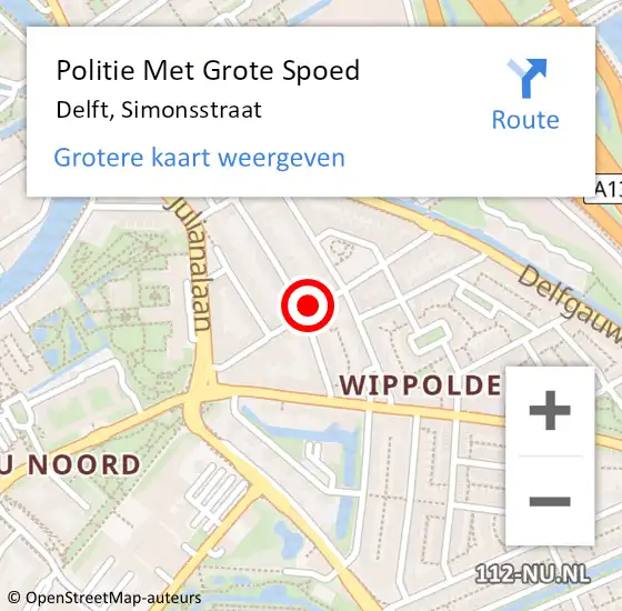 Locatie op kaart van de 112 melding: Politie Met Grote Spoed Naar Delft, Simonsstraat op 16 oktober 2024 22:54