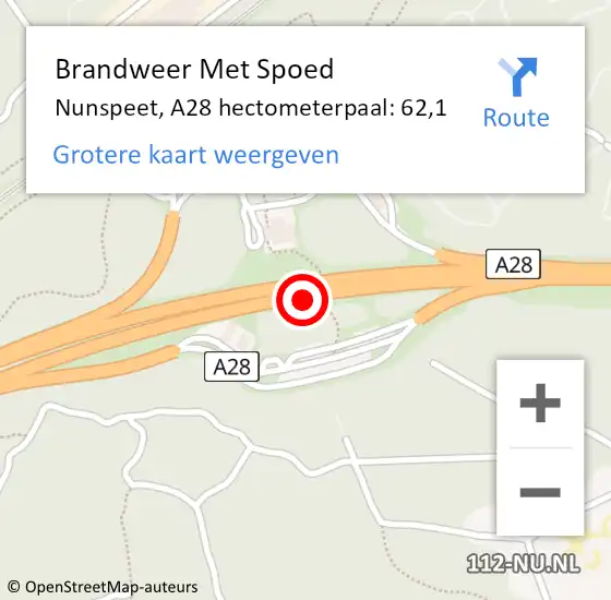 Locatie op kaart van de 112 melding: Brandweer Met Spoed Naar Nunspeet, A28 hectometerpaal: 62,1 op 17 oktober 2024 01:25